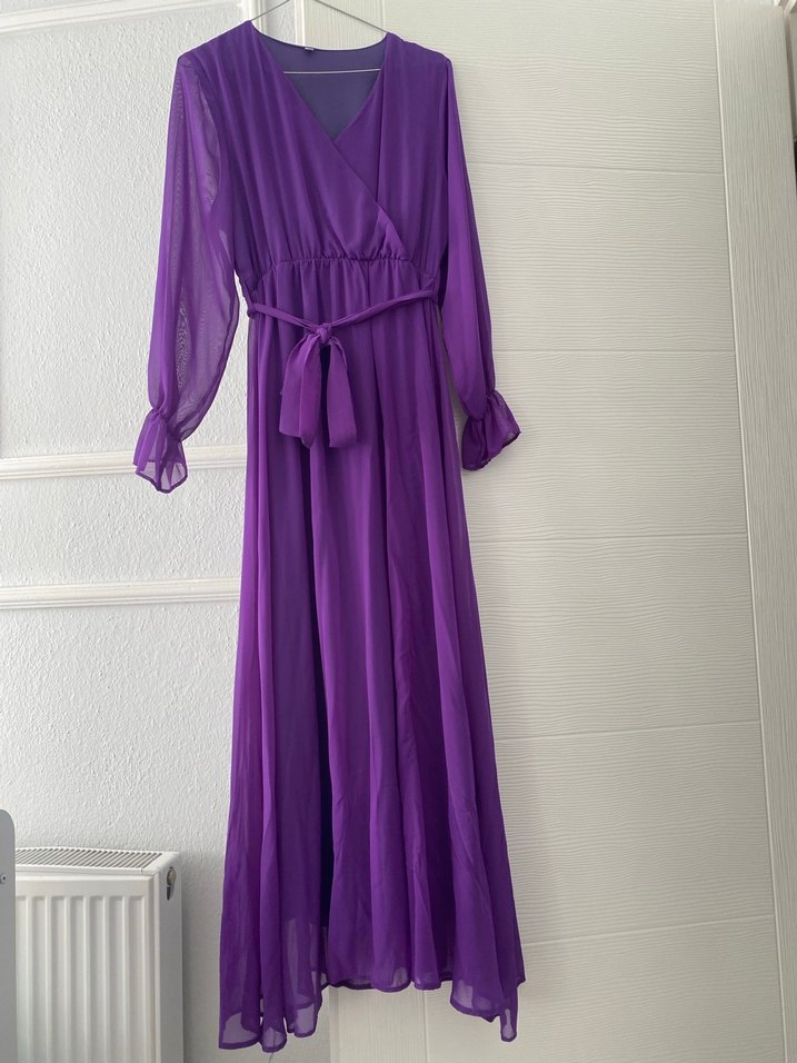 Mor Uzun Drapeli Kadın Elbise - Görsel 3