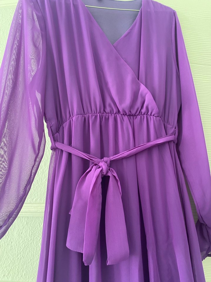 Mor Uzun Drapeli Kadın Elbise - Görsel 4