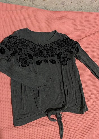 Uzun Kollu Gri Nakışlı Kız Triko Bluz - Görsel 2