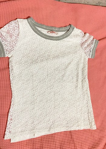 Dantel Detaylı Kısa Kollu Beyaz Kız Tişörtü - Görsel 2