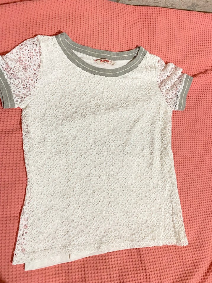 Dantel Detaylı Kısa Kollu Beyaz Kız Tişörtü - Görsel 2