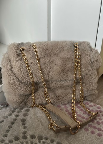 Gri Yılan Desenli Kürklü Altın Renk Zincirli Kadın Çantası - Görsel 2