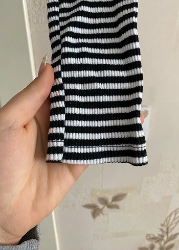 Uzun Kollu Çizgili Kadın Crop Top - Görsel 3