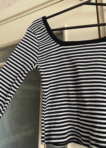 Uzun Kollu Çizgili Kadın Crop Top - Görsel 2