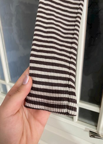 Kadın Kahverengi Çizgili Triko Crop Top - Görsel 5