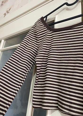 Kadın Kahverengi Çizgili Triko Crop Top - Görsel 2