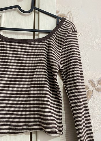 Kadın Kahverengi Çizgili Triko Crop Top - Görsel 3