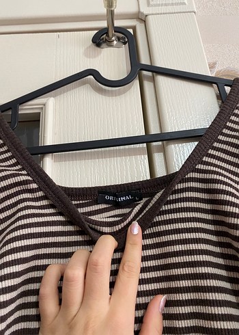 Kadın Kahverengi Çizgili Triko Crop Top - Görsel 4