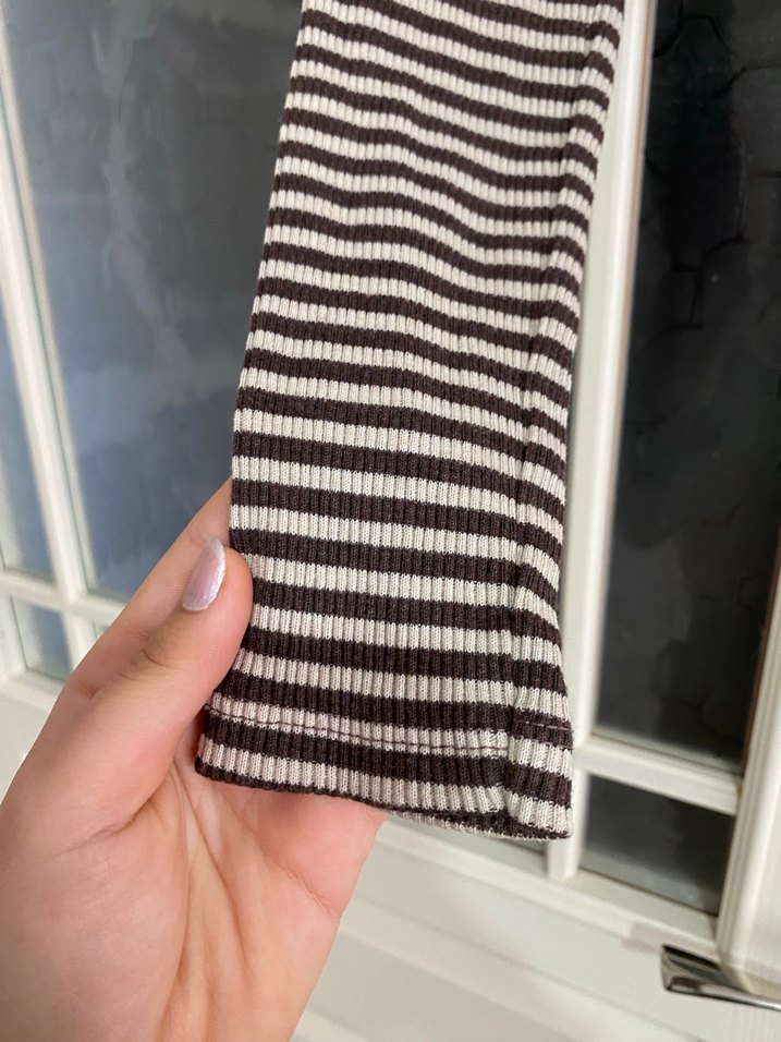 Kadın Kahverengi Çizgili Triko Crop Top - Görsel 5