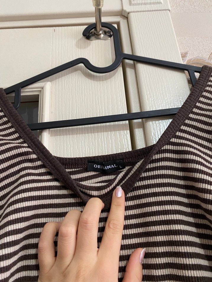 Kadın Kahverengi Çizgili Triko Crop Top - Görsel 4