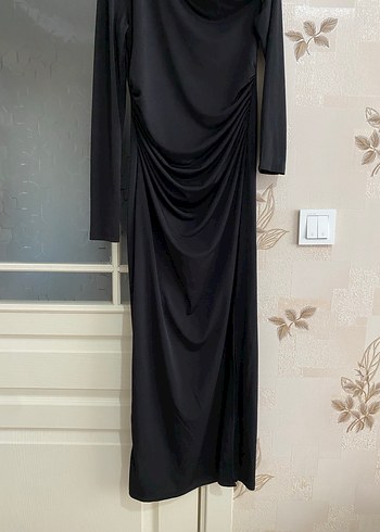 Uzun Kollu Siyah Drapeli Uzun Elbise - Görsel 4