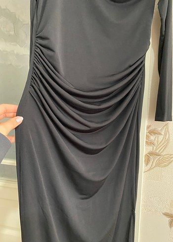 Uzun Kollu Siyah Drapeli Uzun Elbise - Görsel 5