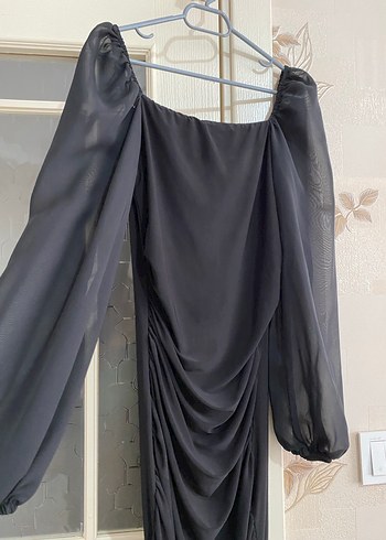 Uzun Kollu Siyah Drapeli Gotik Elbise - Görsel 3