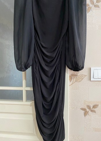 Uzun Kollu Siyah Drapeli Gotik Elbise - Görsel 6