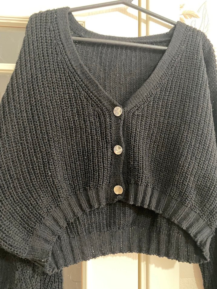 Siyah Örgü V Yaka Salaş Hırka - Görsel 2