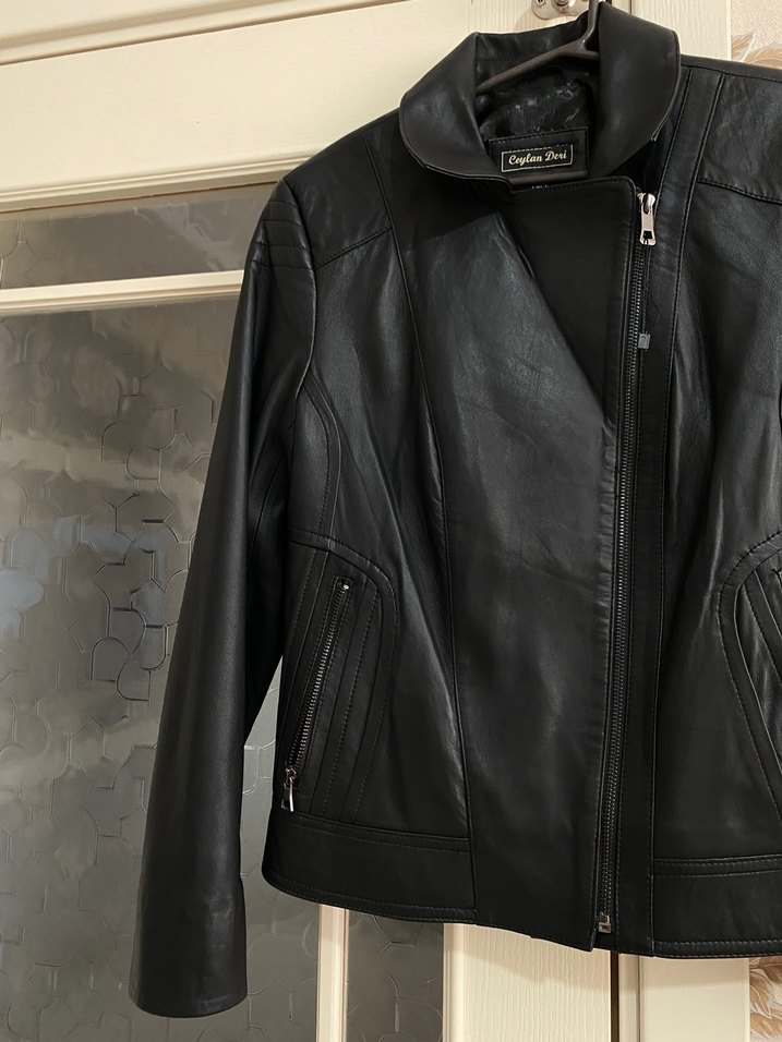 Kadın Siyah Deri Biker Ceket - Görsel 3