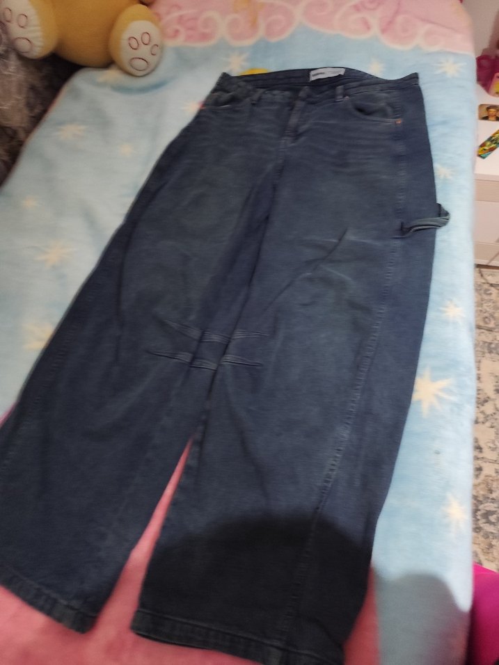 Gri Baskılı Bol Kesim Kadın Kot Pantolon baggy - Görsel 2