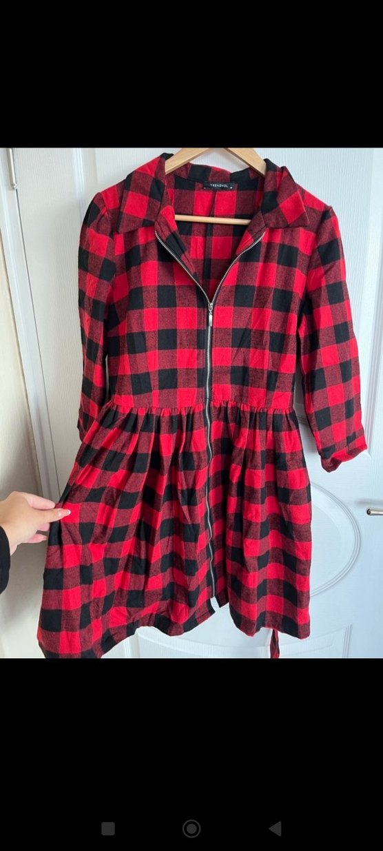 Kareli Kırmızı Kadın Gömlek Elbise - Görsel 2