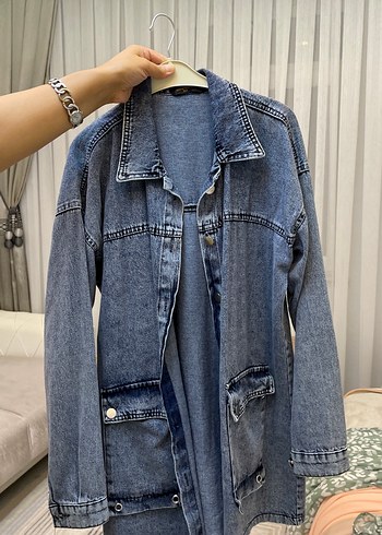 Düğmeli Gri Mavi Kadın Denim Ceket