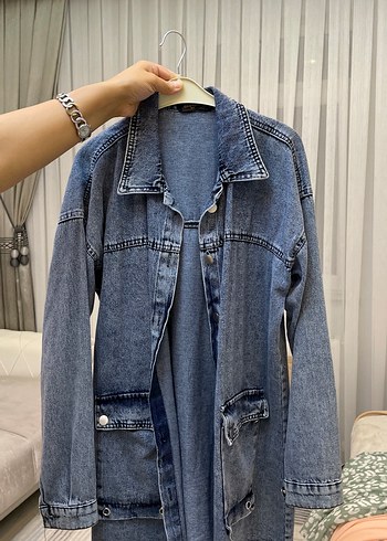 Diğer Düğmeli Gri Mavi Kadın Denim Ceket