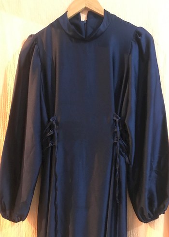 Lacivert Uzun Kollu Yüksek Yakalı Kadın Elbise - Görsel 2