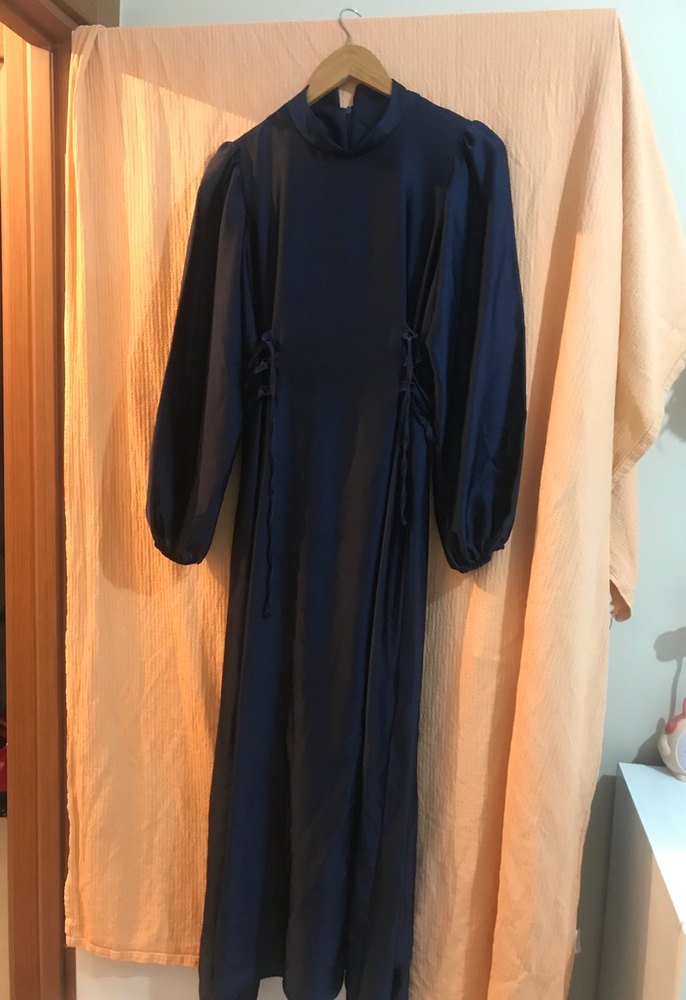 Lacivert Uzun Kollu Yüksek Yakalı Kadın Elbise - Görsel 3