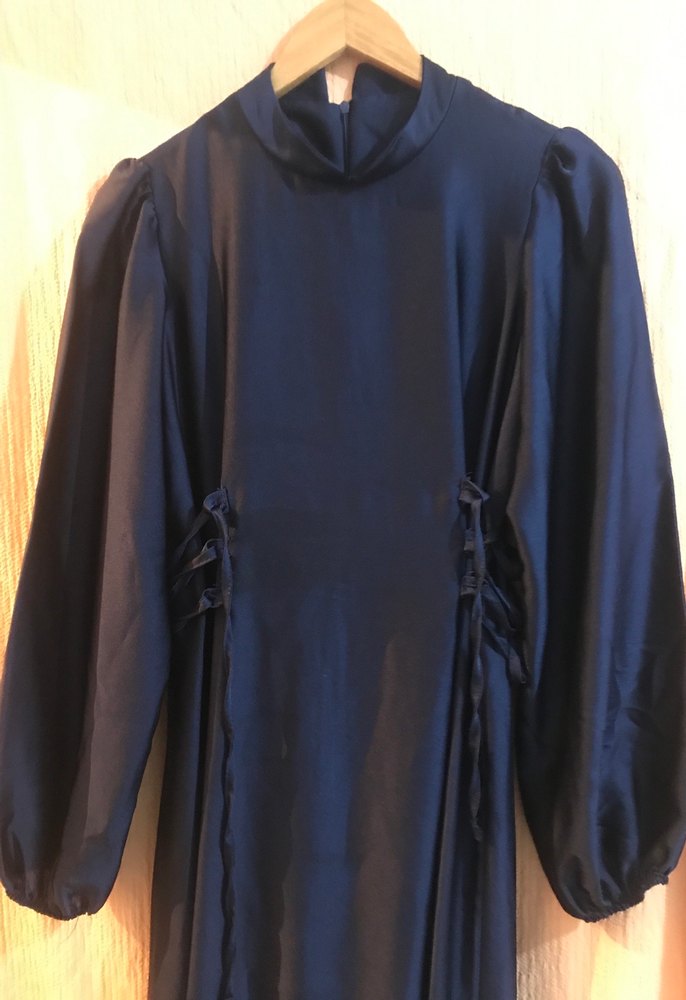 Lacivert Uzun Kollu Yüksek Yakalı Kadın Elbise - Görsel 2