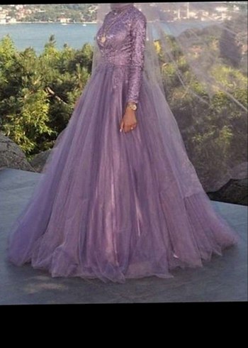 Uzun Kol, Yüksek Yaka Mor Nişan Elbisesi - Görsel 2