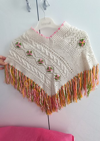 Nakışlı Bohem Kız Çocuk Triko Panço - Görsel 3