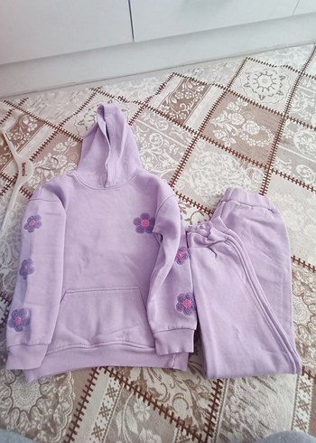 Nakışlı Kapüşonlu Lila Kız Eşofman Takımı