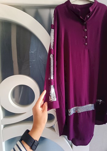 diğer Beden mor Renk Uzun Kollu Mor Düğmeli pul payetli Kadın Tunik