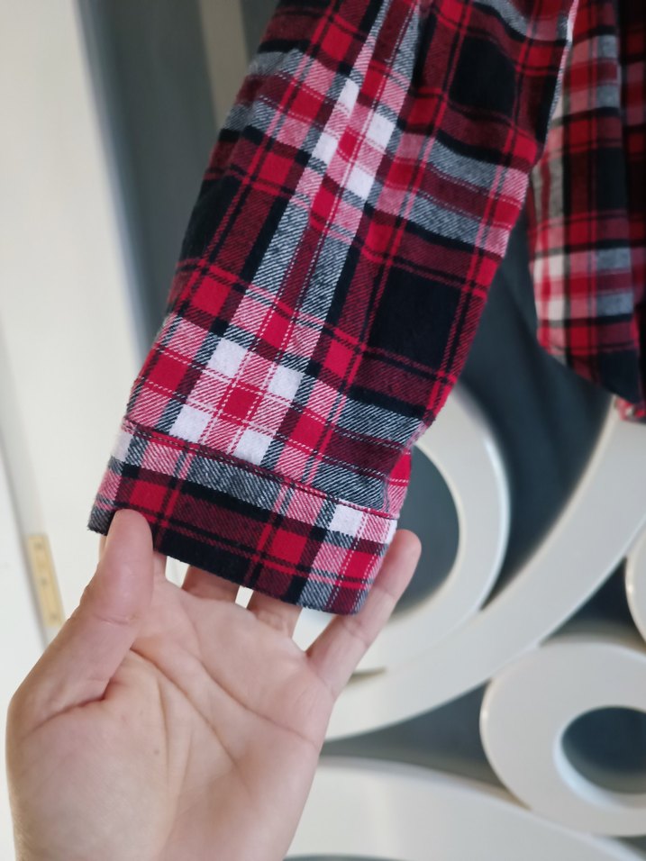 Kadın Kırmızı Kareli ekoseli pamuklu Uzun Kollu Gömlek - Görsel 2