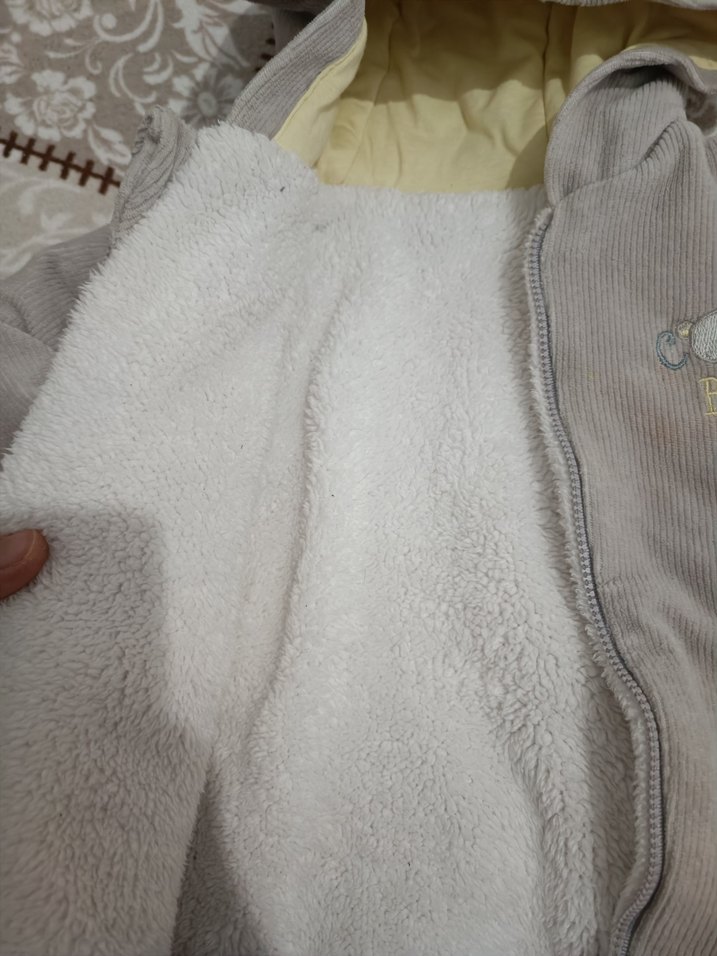 Çocuk Gri Kapüşonlu Peluş Ceket - Görsel 4