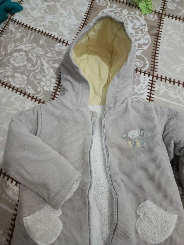 Çocuk Gri Kapüşonlu Peluş Ceket - Görsel 3