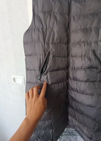 46 Beden Gri Uzun Kürklü Kapüşonlu Kadın Yelek