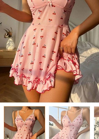 Pembe Baskılı Mini Fırfırlı Straplez Kadın gecelik