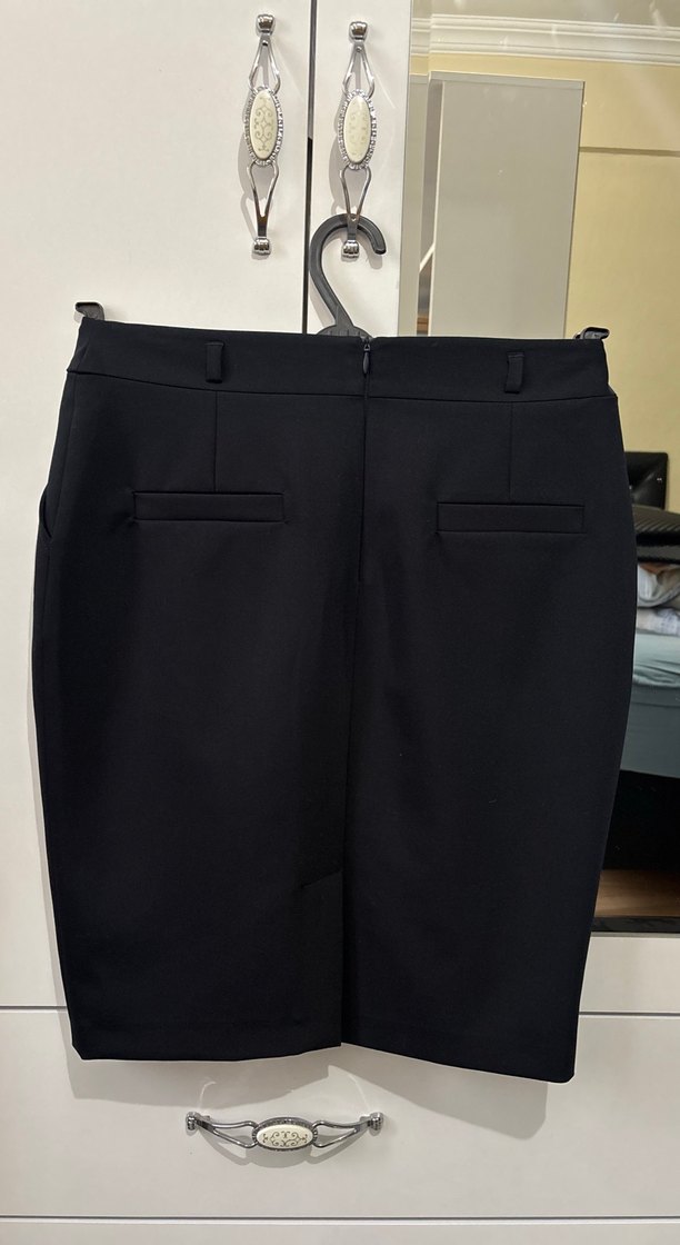 Kemer Detaylı lacivert diz üstü Kalem Etek - Görsel 3