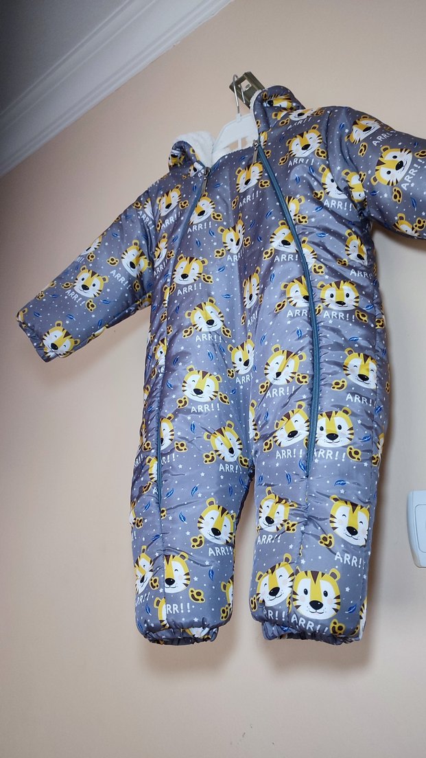 Gri Baskılı Kürklü Bebek  Tulumu - Görsel 2