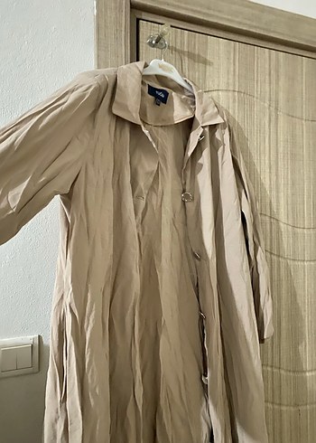 Bej Düğmeli Uzun Keten Kadın Trençkot veya elbise - Görsel 4