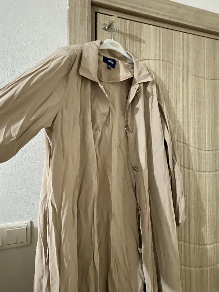 Bej Düğmeli Uzun Keten Kadın Trençkot veya elbise - Görsel 4