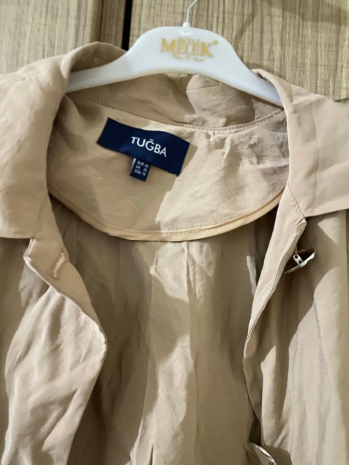 Bej Düğmeli Uzun Keten Kadın Trençkot veya elbise - Görsel 3