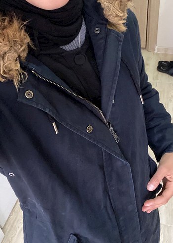 Uzun lacivert  Kadın Kürklü Kaban - Görsel 7