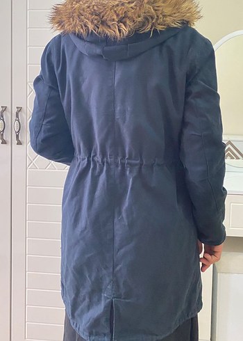 Uzun lacivert  Kadın Kürklü Kaban - Görsel 5