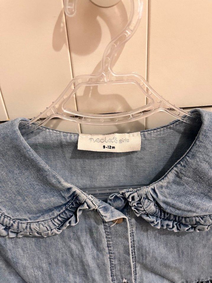 Uzun Kollu Nakışlı Kız Kot Elbise - Görsel 3