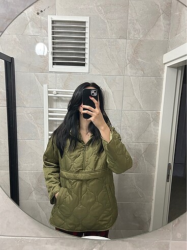 s Beden haki Renk Oversize Kapüşonlu Kanguru Mont