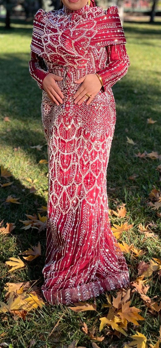 Bordo Drapeli Uzun Abiye Elbise - Görsel 3