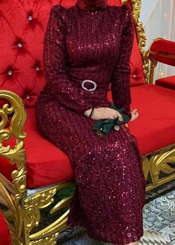 Bordo Boncuk İşlemeli Uzun Abiye Elbise - Görsel 2