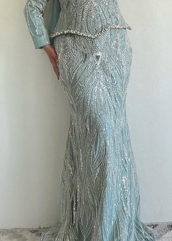 Turkuaz İşlemeli Uzun Abiye Elbise - Görsel 2
