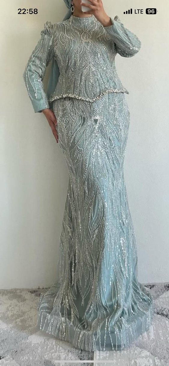 Turkuaz İşlemeli Uzun Abiye Elbise - Görsel 2