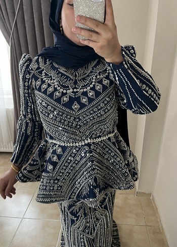 Boncuk İşlemeli lacivert Uzun Abiye Elbise - Görsel 4